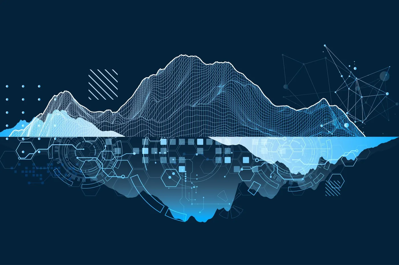 Des montagnes en fil de fer bleu, reflétées en circuits numériques